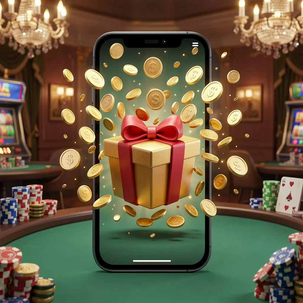 62JI mobile casino bonus app concept showing a phone screen with a gift box and coins bursting out in a festive casino atmosphere
