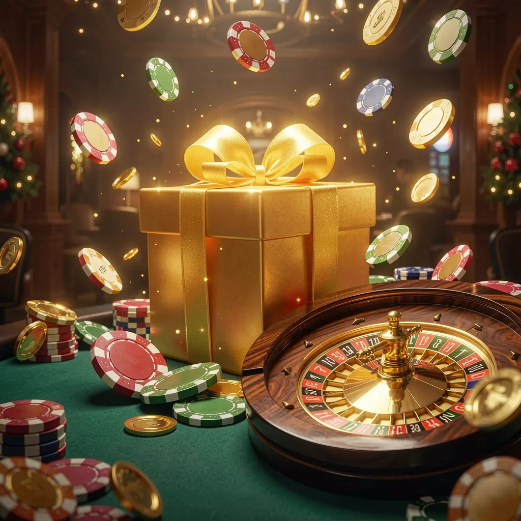 62JI welcome bonus visual featuring a glowing gift box, roulette wheel, poker chips, and flying coins in a festive casino atmosphere with cinematic lighting