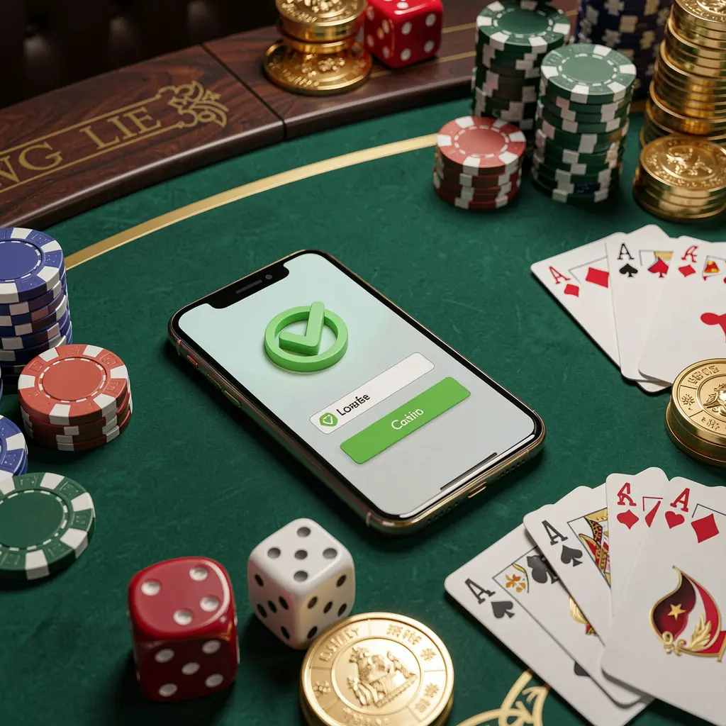 62JI safe casino login concept showing a smartphone with a verification checkmark icon surrounded by chips, cards, dice, and golden coins on an elegant luxury casino table in a 3D realistic render