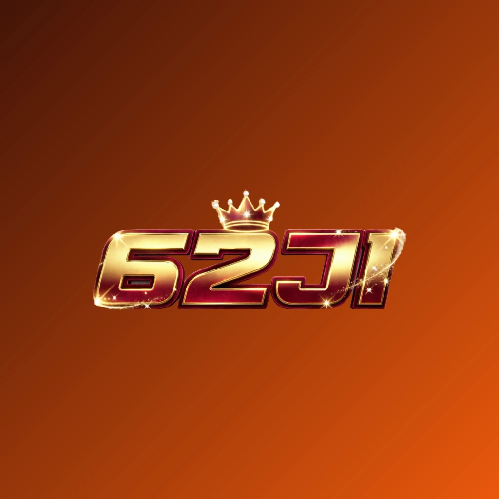 Dynamic casino-style logo for 62JI featuring massive bold lettering in bright gold and crimson colors with a glowing crown and sparkling light effects on a transparent background, designed as a wide horizontal rectangular wordmark for website header