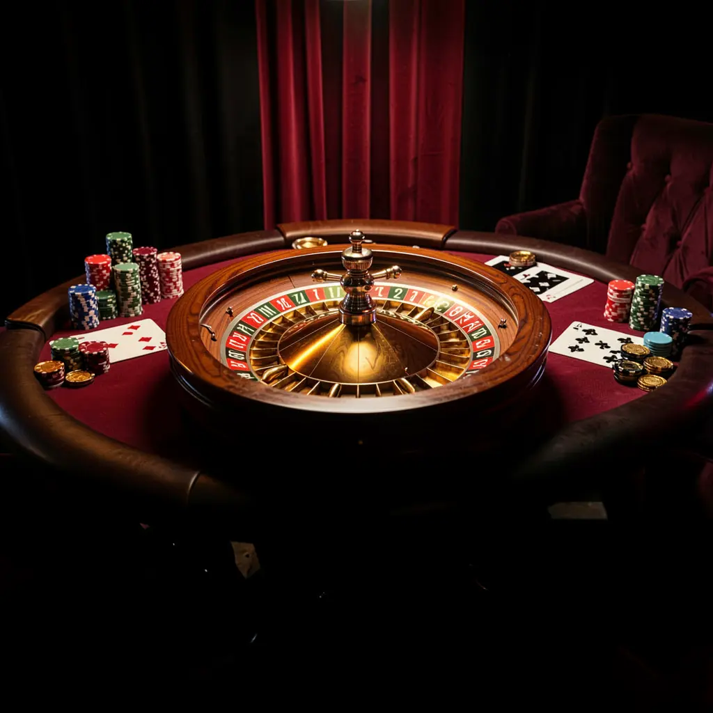Elegant gaming table featuring roulette, blackjack cards, poker chips, and coins with luxury cinematic lighting on a black and red background, showcasing 62JI's online casino platform in the Philippines